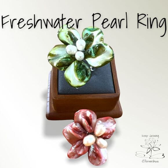 Elegant Freshwater Pearl & Shell Adjustable Statement Rings Set - Picture 3 of 15